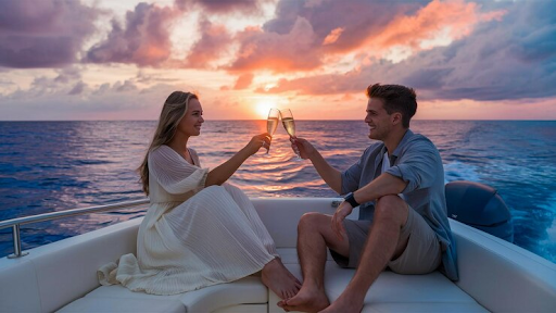 A Couple toasting with champagne in a yacht during a sunset