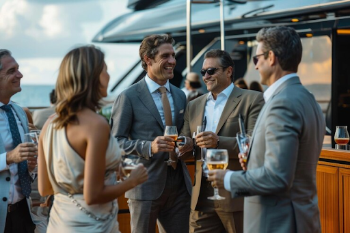 Colleagues drinking happily on a yacht party in Delray Beach