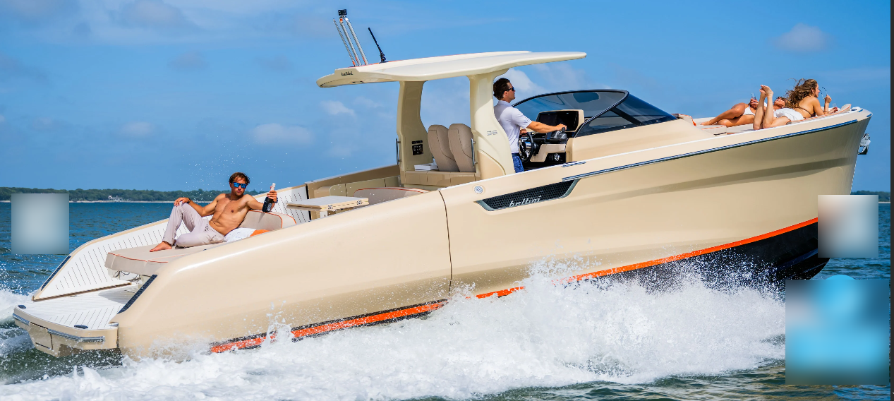  Private charter motorboat speeds across water with relaxed passengers.