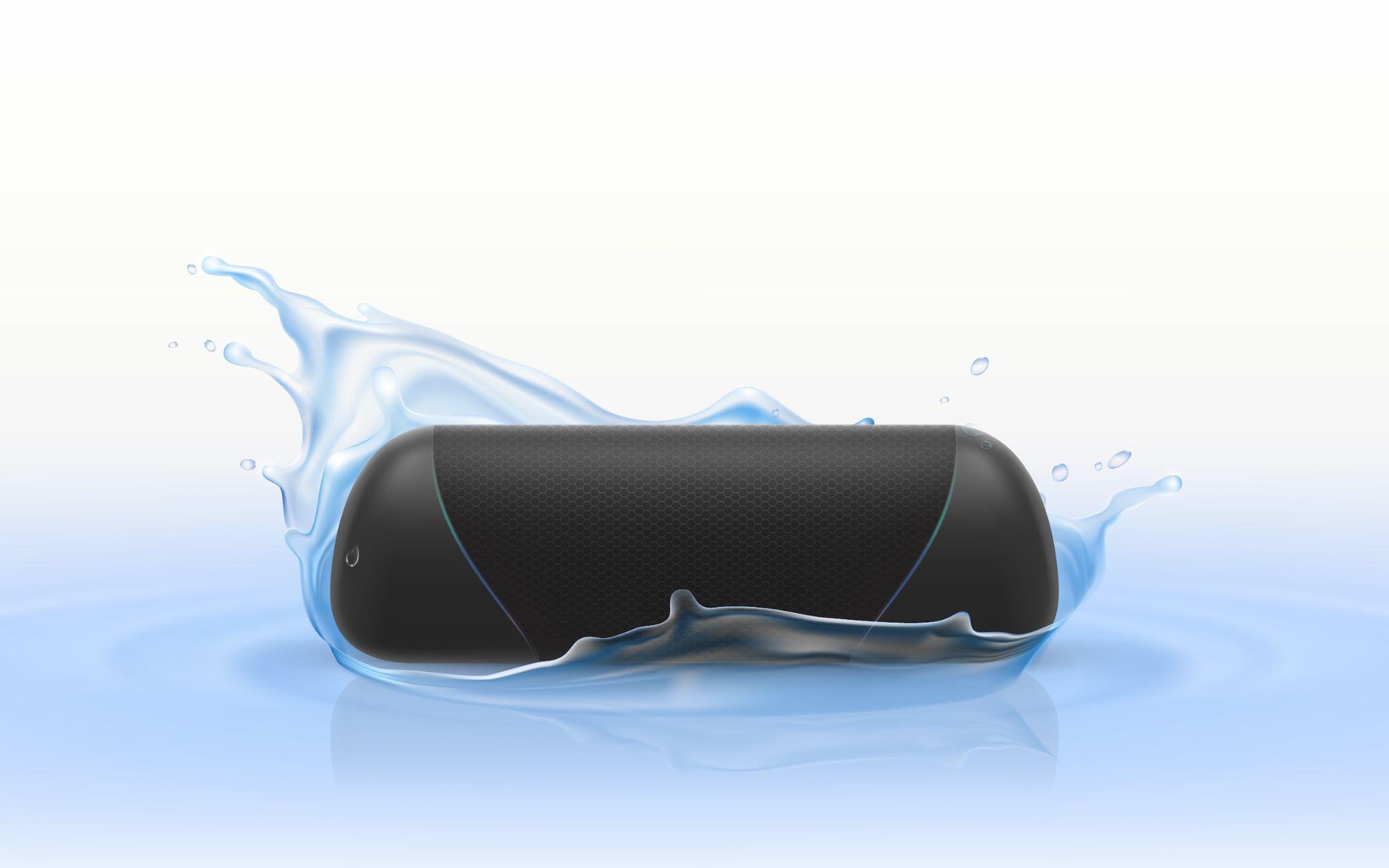 3d realistic portable loudspeaker in blue water.
