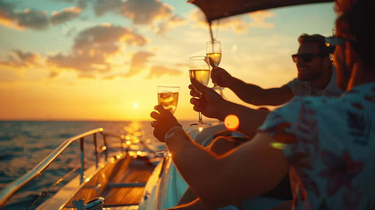 Friends toasting on a yacht at sunset