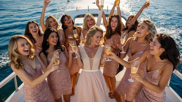 Bride having drinks with bridesmaids on a bachelorette party on a yacht