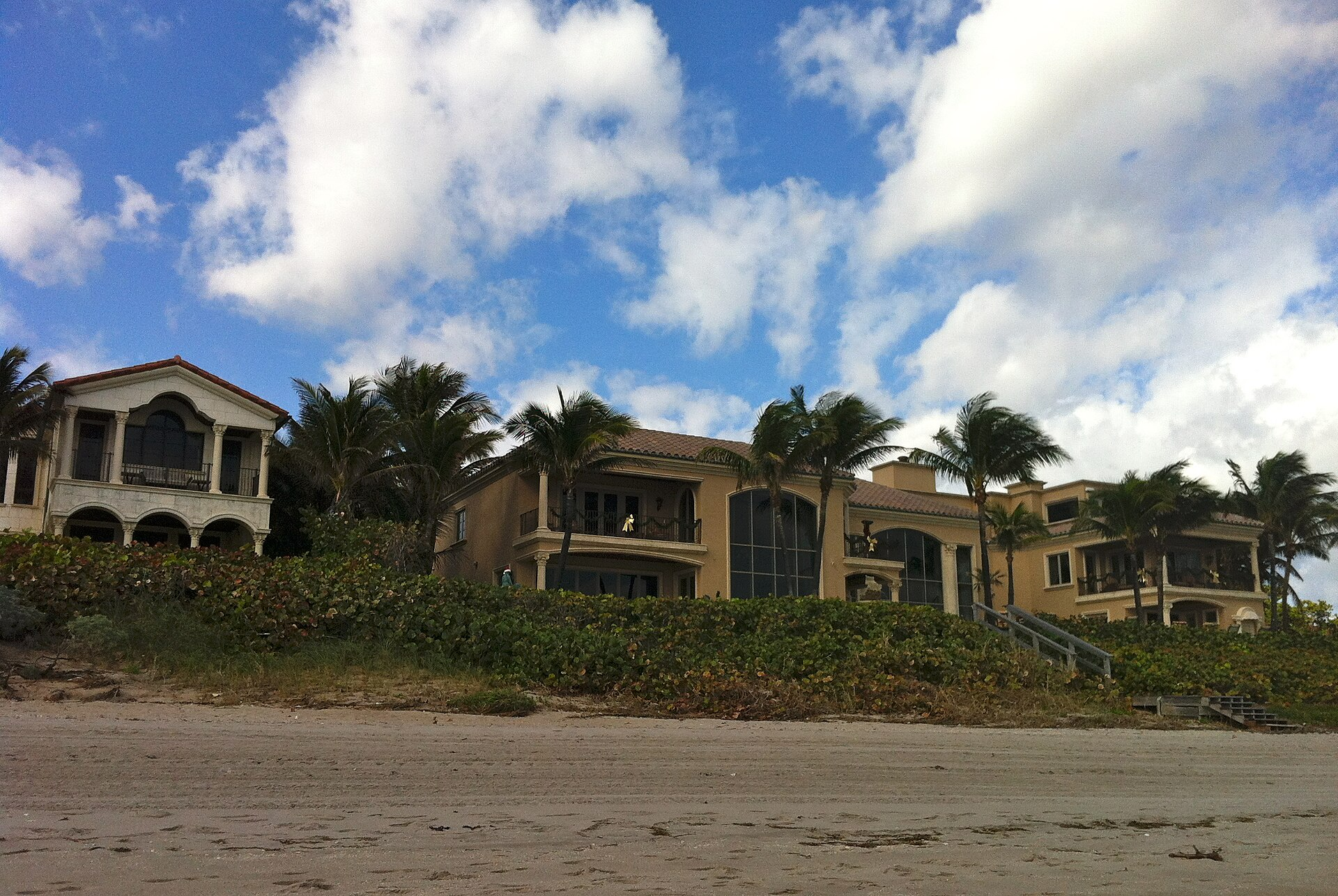 Beachfront mansions with palm trees under partly cloudy sky.