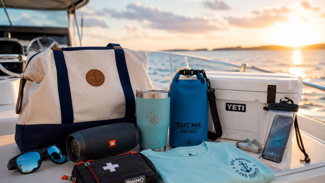 Boat gift essentials displayed on luxury boat deck at sunset