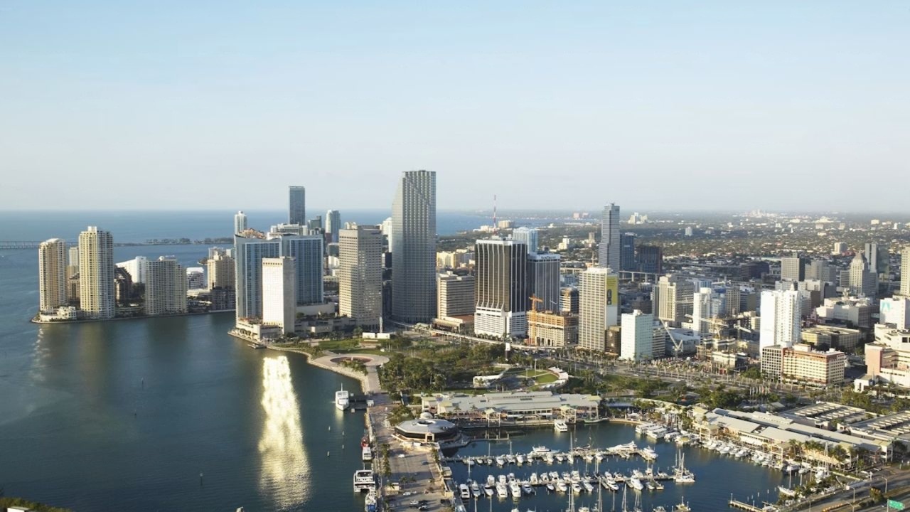 Aerial view of Fort Lauderdale marina with skyscraper skyline. 