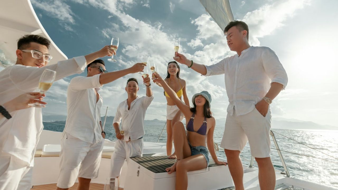 Group celebrating yacht team-building event in Delray Beach.